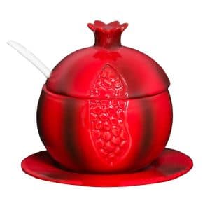 Honey Dish for Rosh Hashanah Ceramic in Pomegranate Shape with Spoon and Saucer