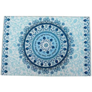Glass Challah Tray for Shabbat with Blue Mandala Pattern and Pomegranates