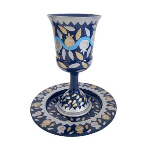 Metal Kiddush Cup with Hand-Painted Design - Pomegranates on Blue Background