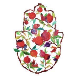 Large Colorful Hamsa with Enamel Lacquer Finish - Pomegranate Design in Pencil Drawing Style