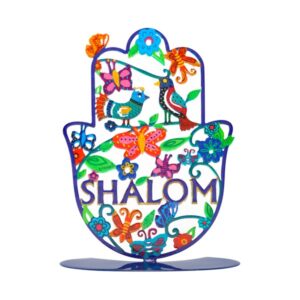 Large Colorful Hamsa with Metal Stand - Birds and Butterflies Design and 'Peace' Inscription in English