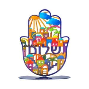 Large Colorful Hamsa with Metal Stand - Jerusalem Model with "Shalom" Inscription in Hebrew