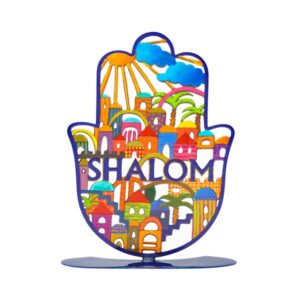 Large Colorful Hamsa with Metal Stand - Jerusalem Model with 'Shalom' in English Inscription