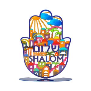 Large Colorful Hamsa with Metal Stand - Jerusalem Model with 'Shalom' Inscription in Hebrew and English