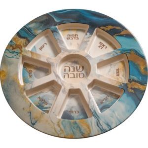 Rosh Hashanah Blessing Plate - Blue and Gold Marble Design