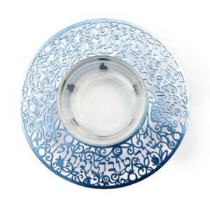 Honey Dish for Rosh Hashanah Made of Glass with Blue Metal Pomegranate Cutout